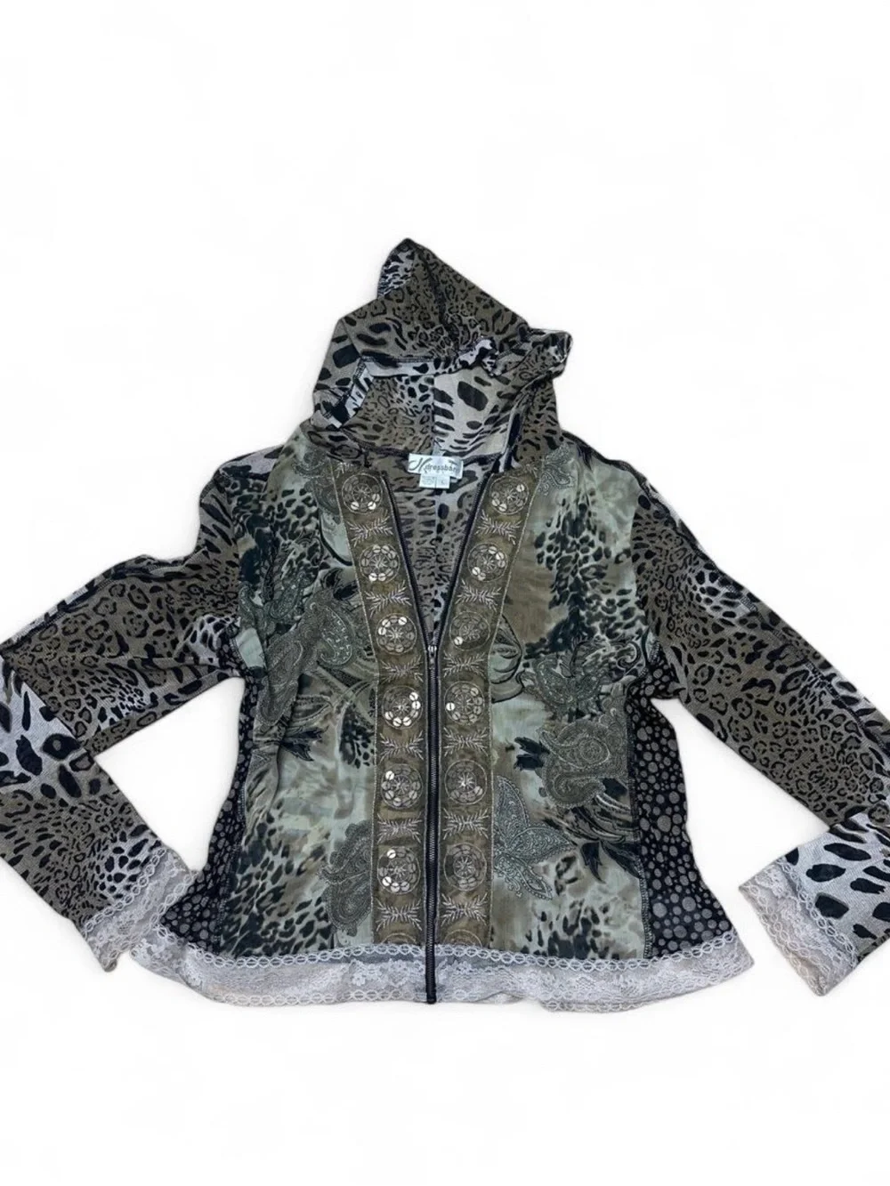 Whimsigoth Leopard Patchwork Zip Hoodie Lace Trim Boho Fairy Grunge Y2K Jacket